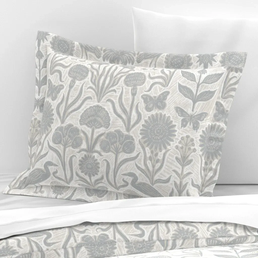Folk Botanical Birds & Flowers Damask Standard Pillow Sham - Grey, Cotton Sateen product