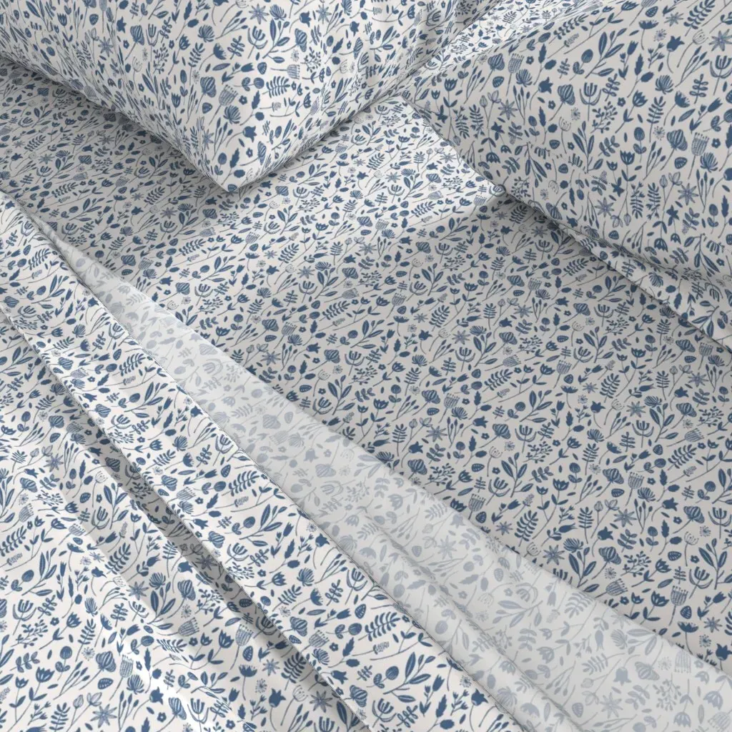 Folk Botanical Print King Sheet Set - Blue alternate view