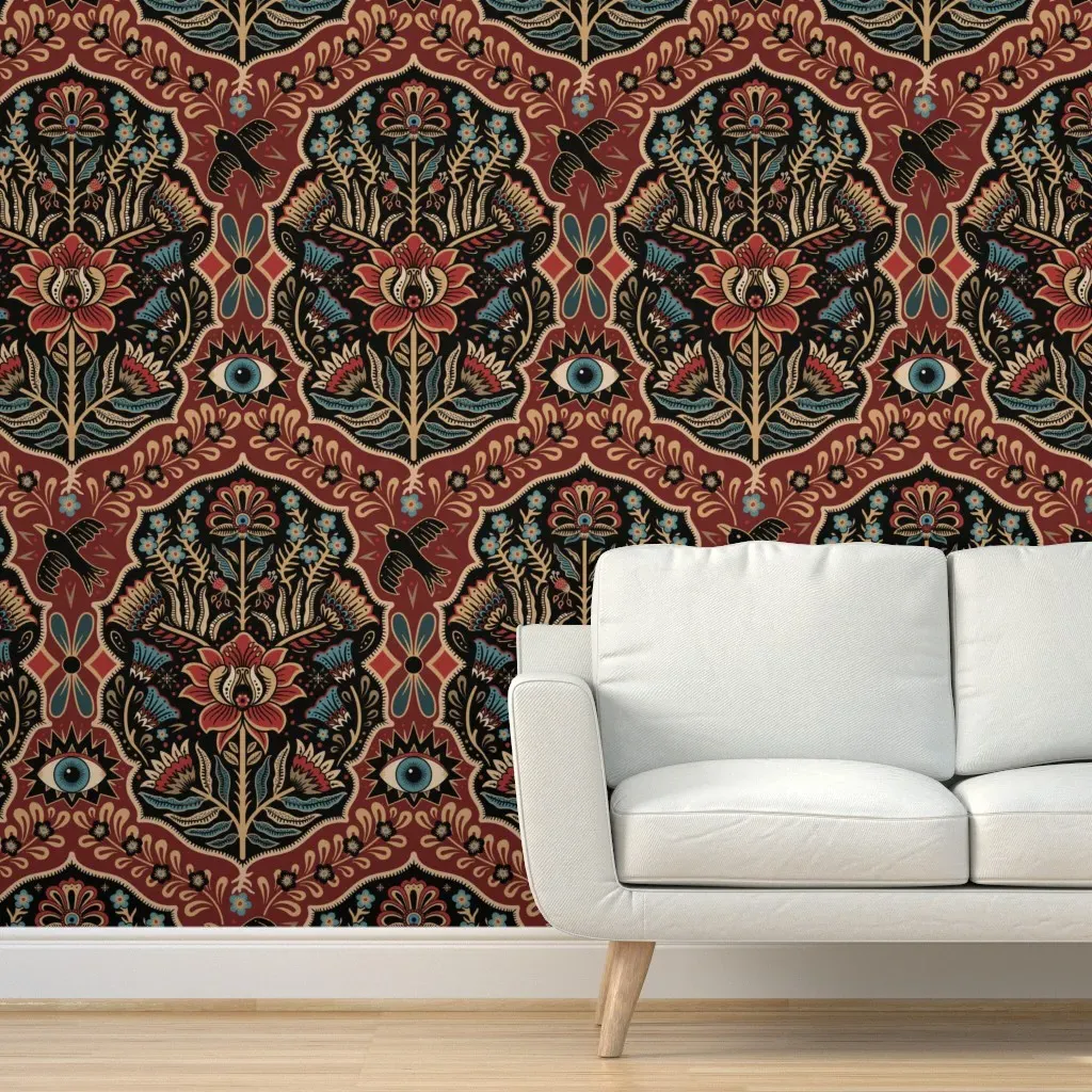 Folk Damask Raven & Mystical Eye Peel and Stick Wallpaper - Burgundy product