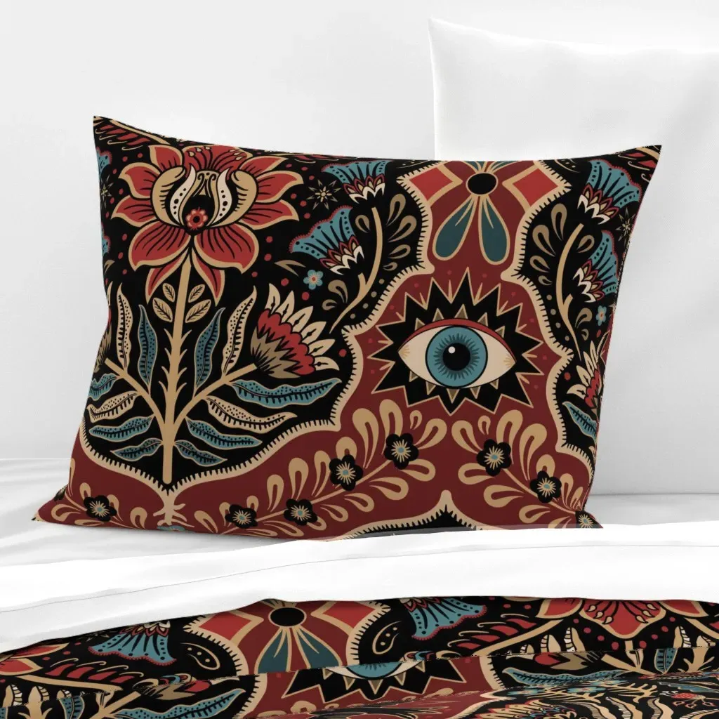 Folk Damask Raven Standard Knife Edge Cushion - Burgundy, Cotton product