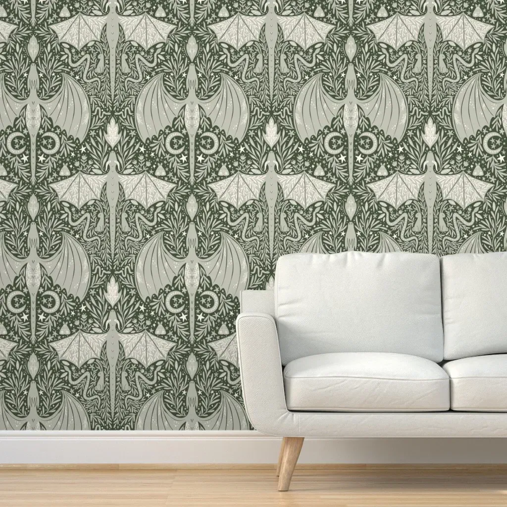 Folk Dragons & Enchanted Forest Peel and Stick Wallpaper - Sage Green product
