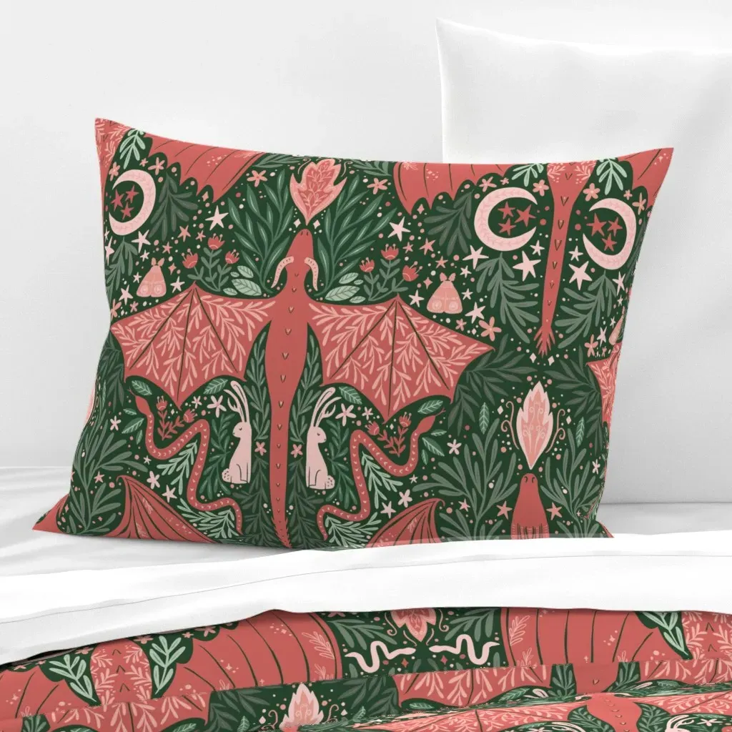 Folk Dragons & Enchanted Forest Standard Pillow - Coral, Cotton Sateen product
