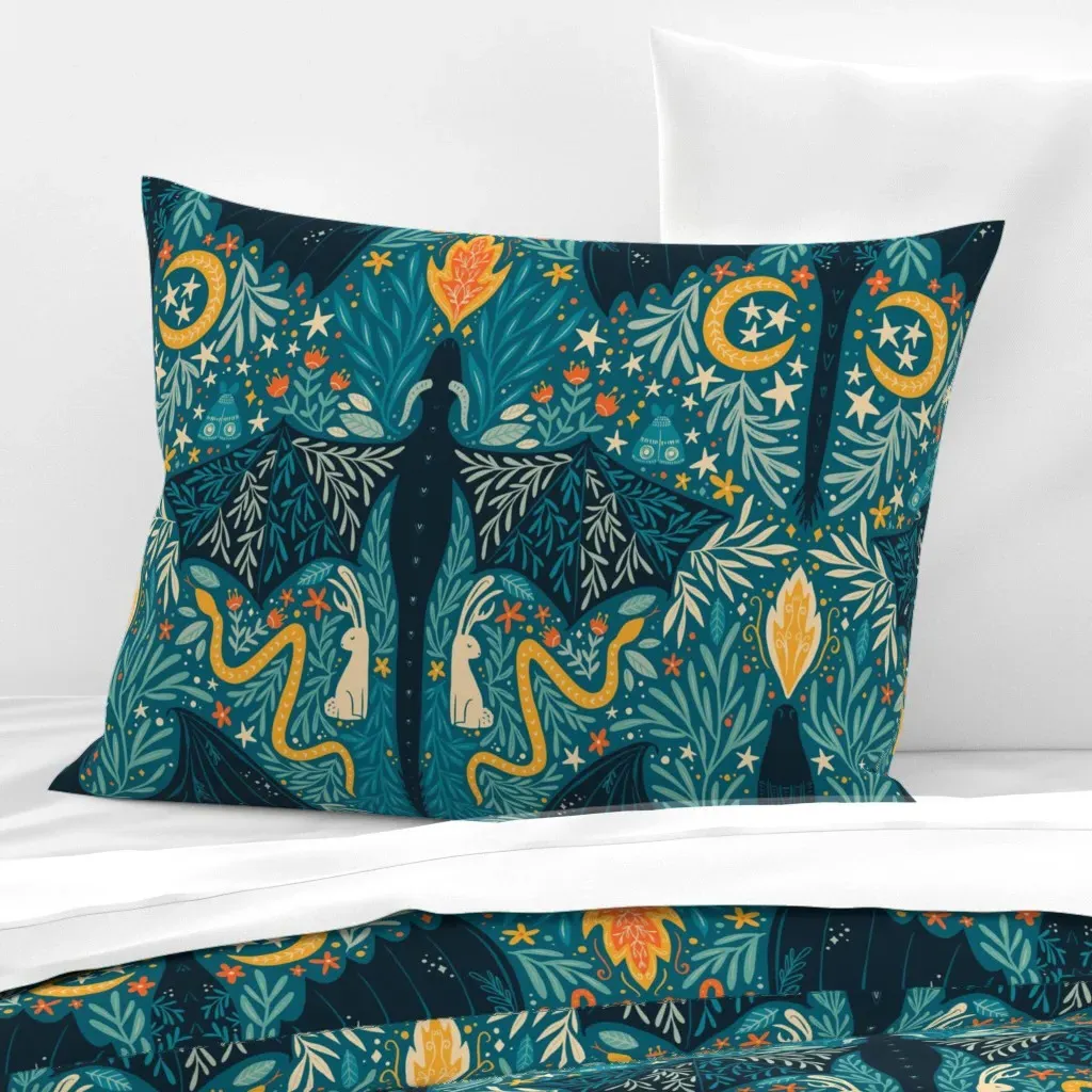 Folk Dragons & Enchanted Forest Standard Pillow - Teal, Cotton Sateen product