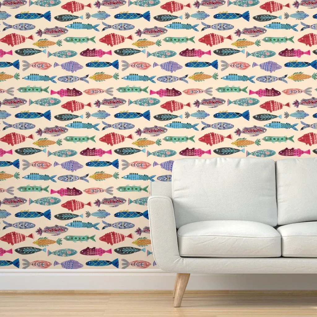 Folk Fish Peel and Stick Wallpaper Removable - Beige product