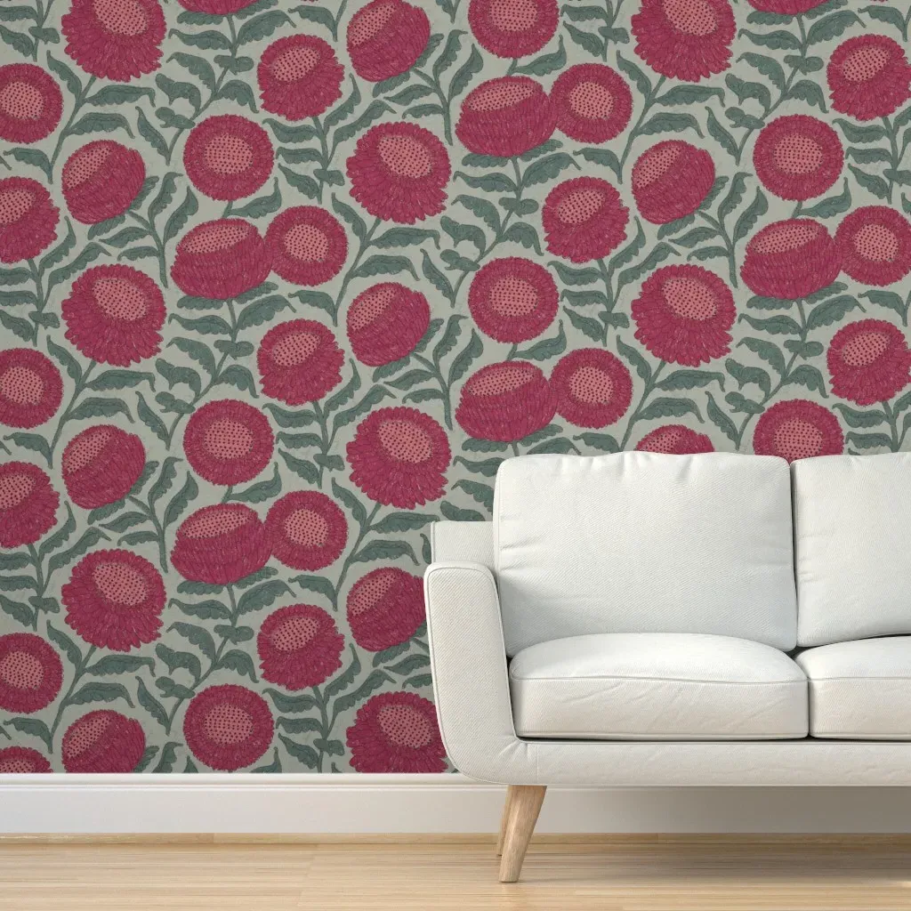 Folk Floral Blooms Peel and Stick Wallpaper - Crimson product