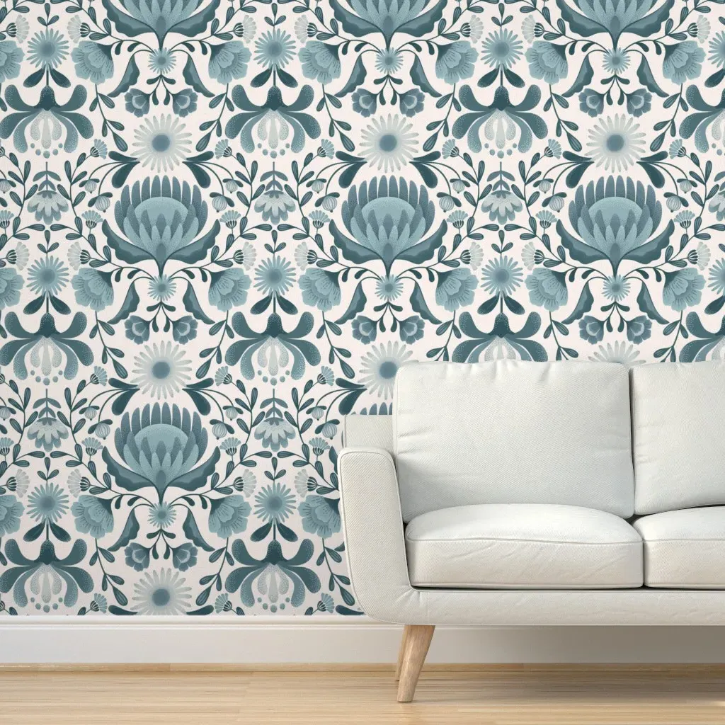 Folk Flowers Peel and Stick Wallpaper - Dusty Blue product