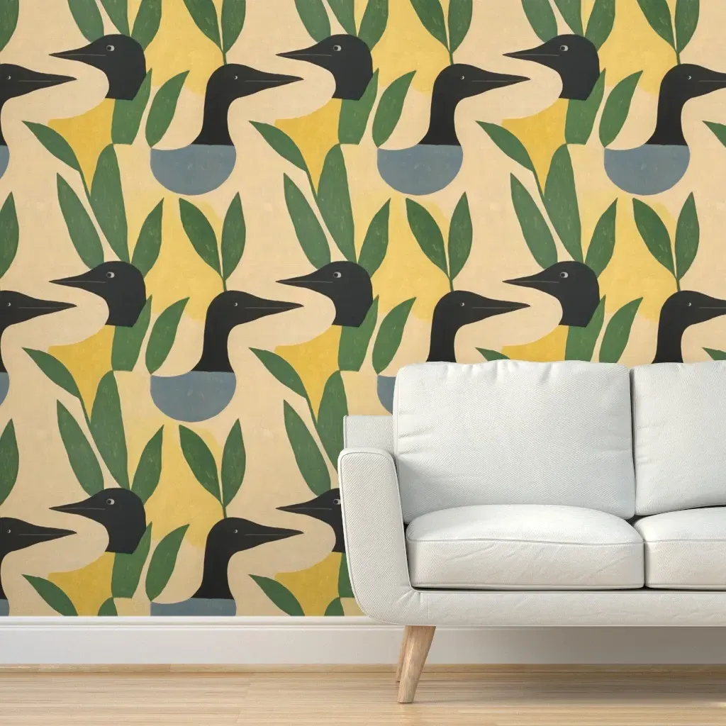 Folk Loons In Leaves Peel and Stick Wallpaper - Green product