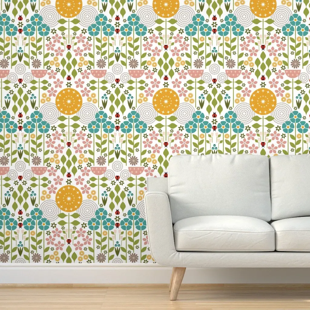 Folk Meadow Peel and Stick Wallpaper - Orange Pink Teal product