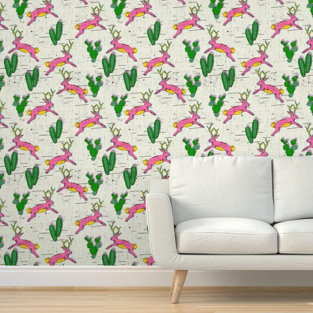 Folka Jackalope Peel and Stick Wallpaper - Gray, Green, Pink product