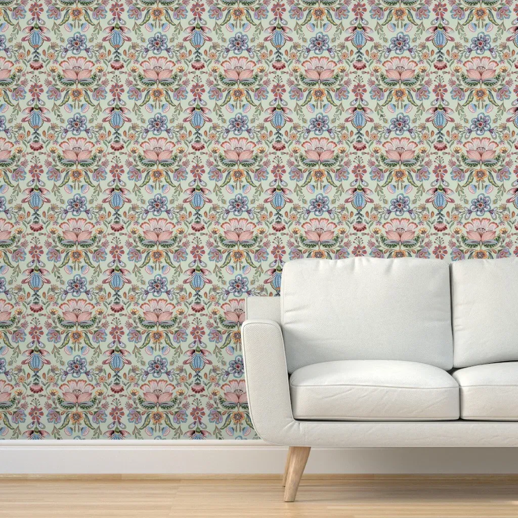 Folky Ornamental Garden Flowers Peel and Stick Wallpaper - Light Green product