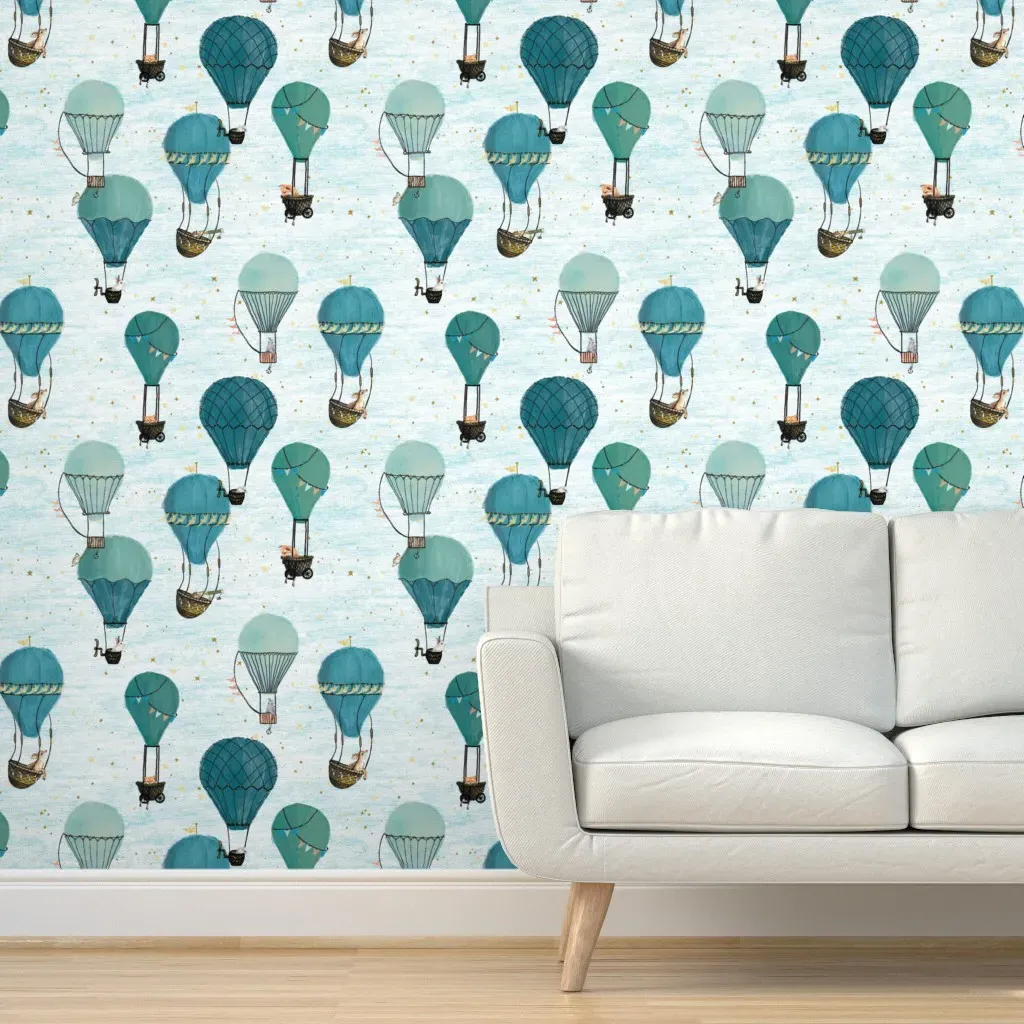 Forest Animal Hot Air Balloon Peel and Stick Wallpaper - Teal product