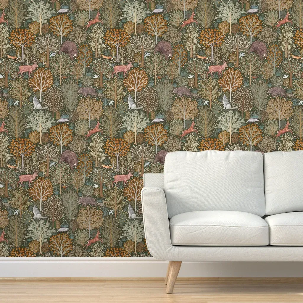 Forest Animals Peel and Stick Wallpaper - Blue, Mustard Yellow product