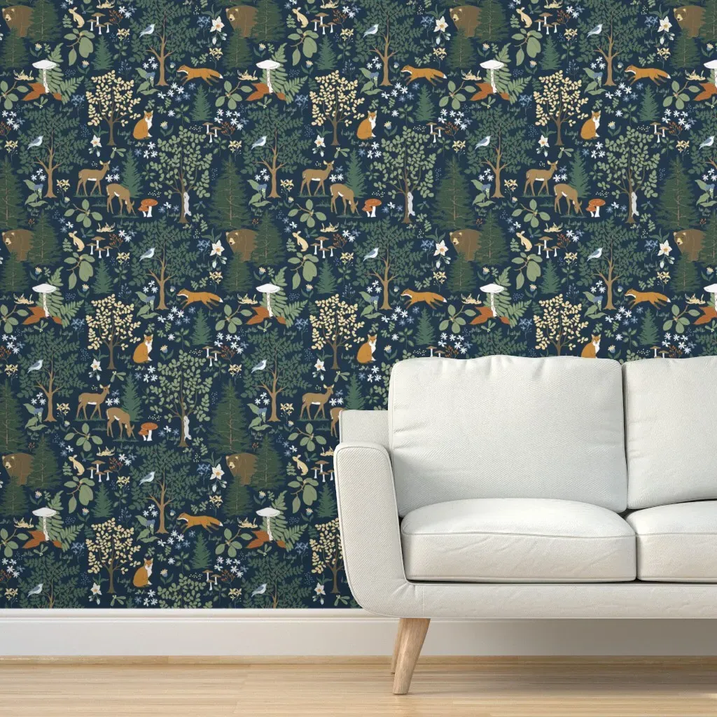 Forest Biome Fox Bear Deer Peel and Stick Wallpaper - Dark Teal product