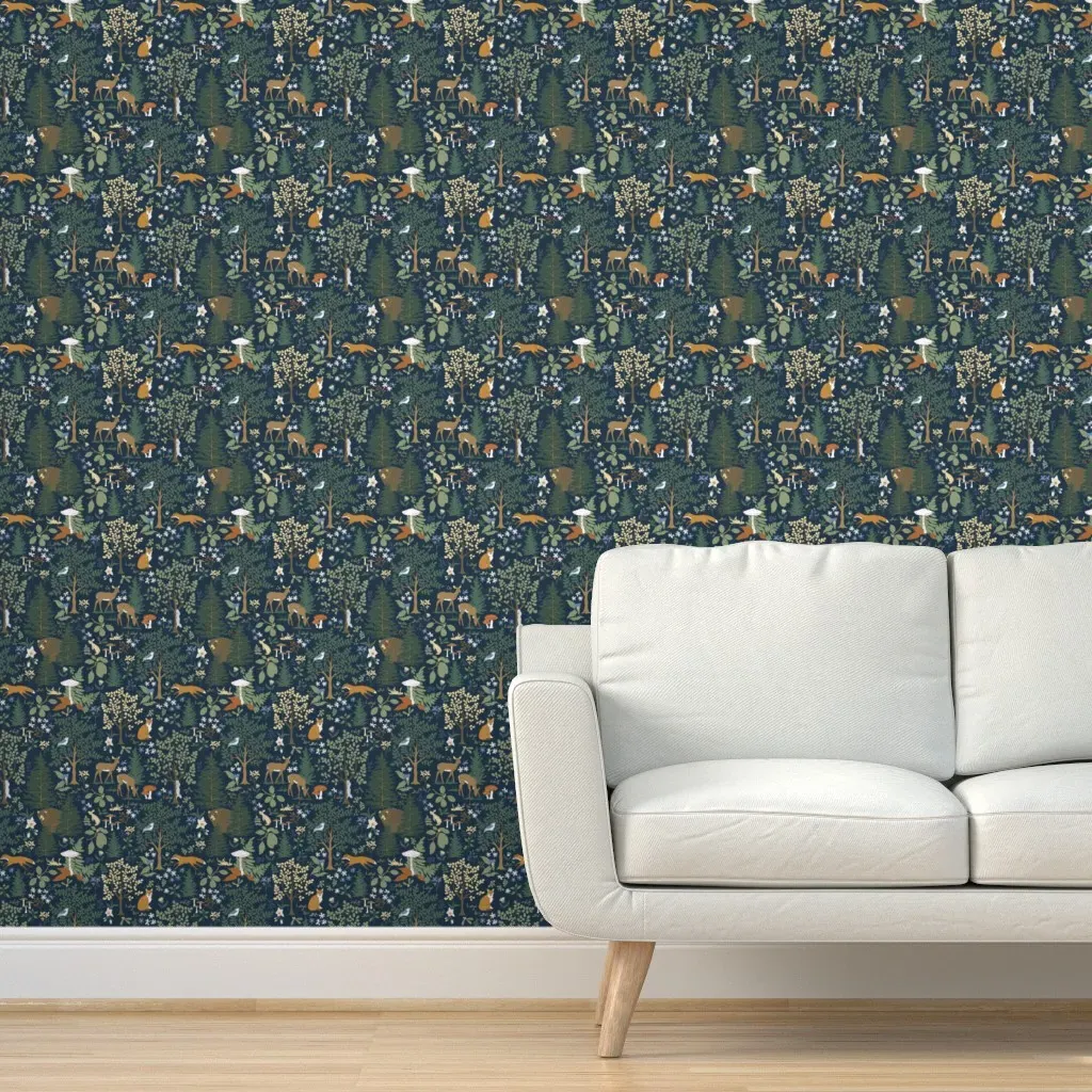 Forest Biome Fox Bear Deer Peel and Stick Wallpaper - Forest Green product
