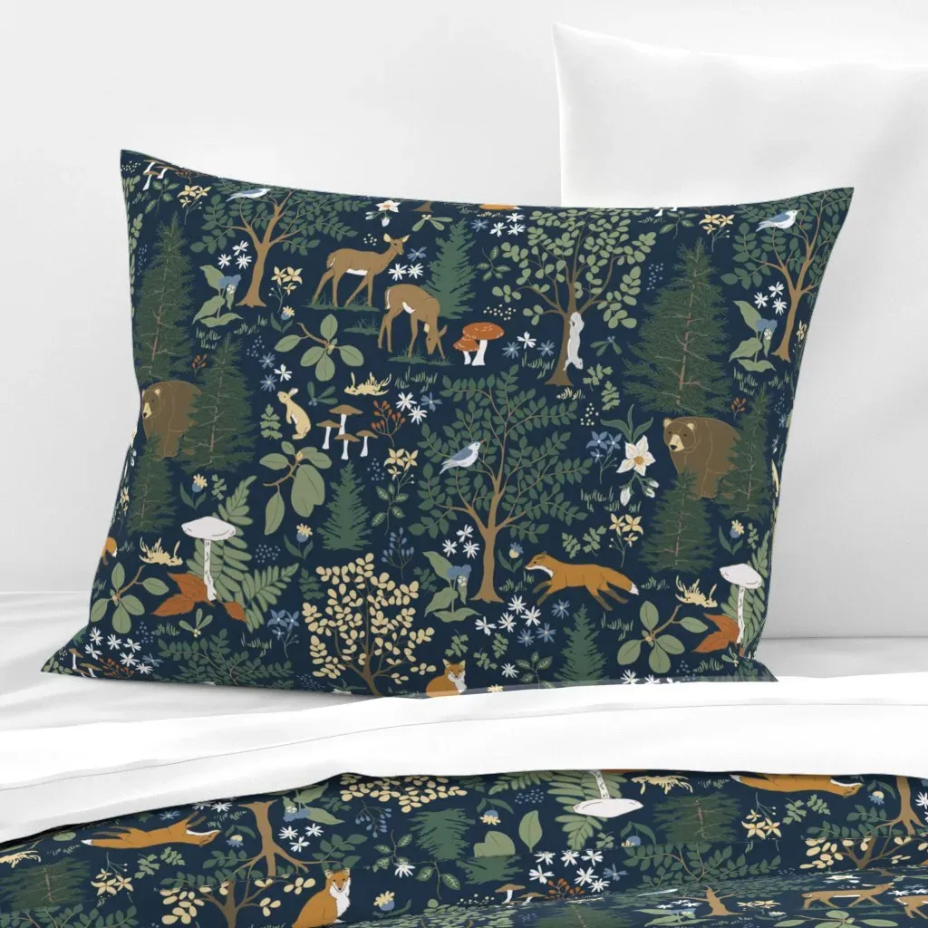 Forest Biome Fox Bear Deer Standard Pillow - Dark Teal, Cotton Sateen product