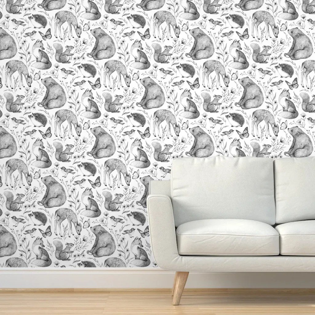 Forest Fauna Toile Peel and Stick Wallpaper - Black and White product