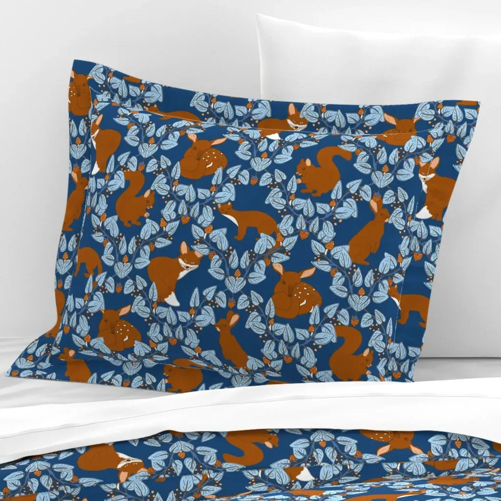 Forest Friends In Winter Jumbo Standard Flanged Cushion - Dark Dusty Blue, Cotton Sateen product