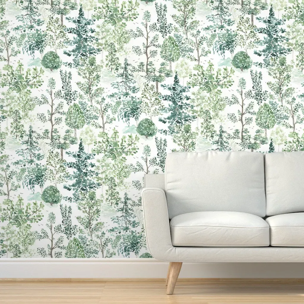 Forest In Spring Watercolor Woodland Peel and Stick Wallpaper - Green product