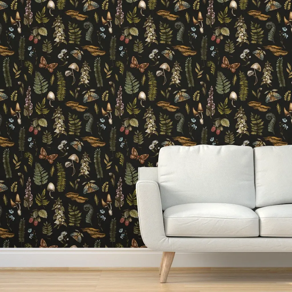 Forest Mushrooms and Flowers Peel and Stick Wallpaper - Green product
