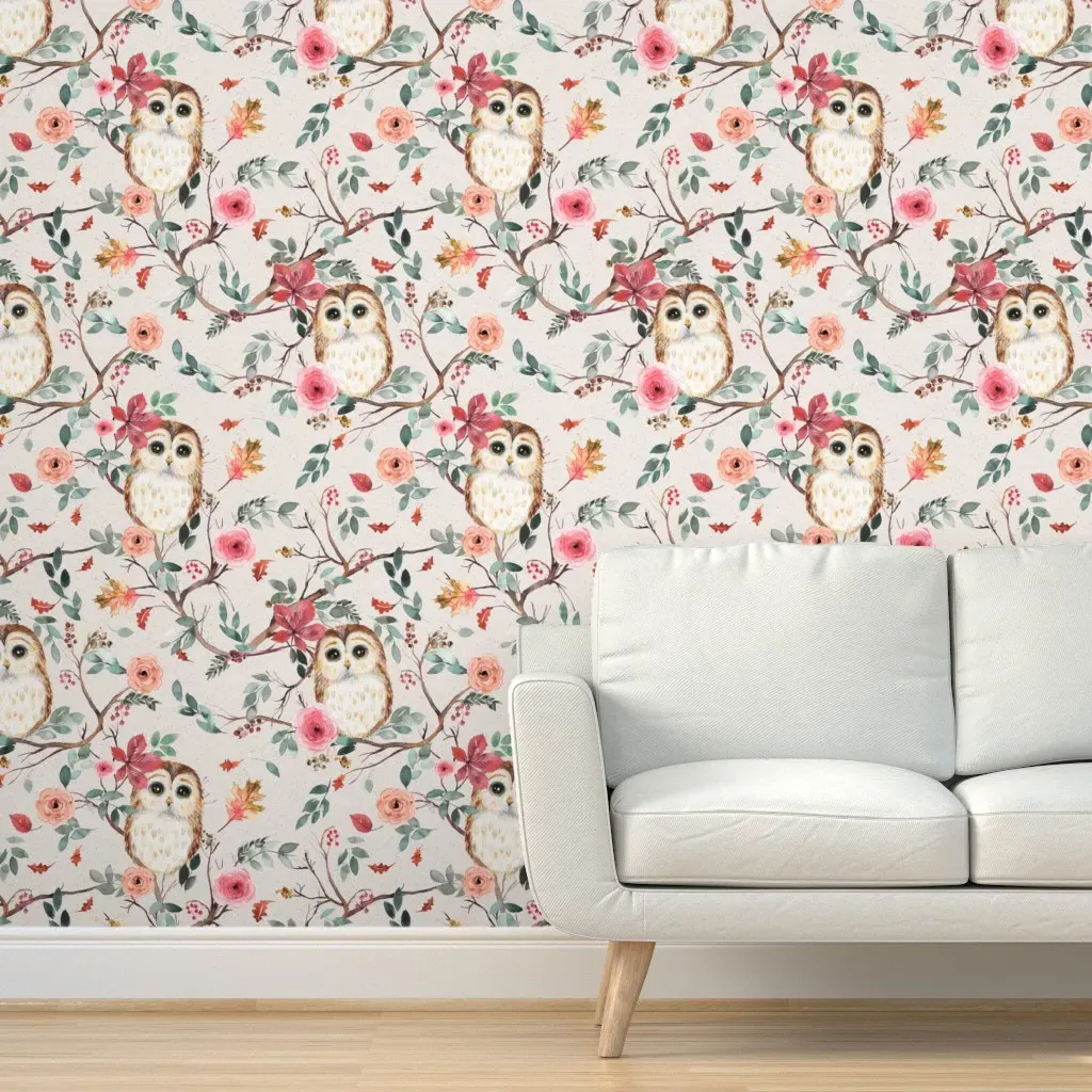 Forest Owls Watercolor Peel and Stick Wallpaper - Beige product