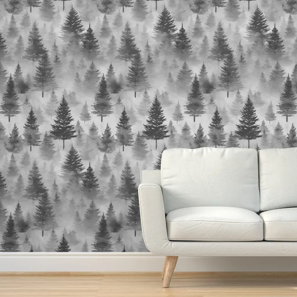 Forest Reverie Watercolor Landscape Peel and Stick Wallpaper - Dark Gray product