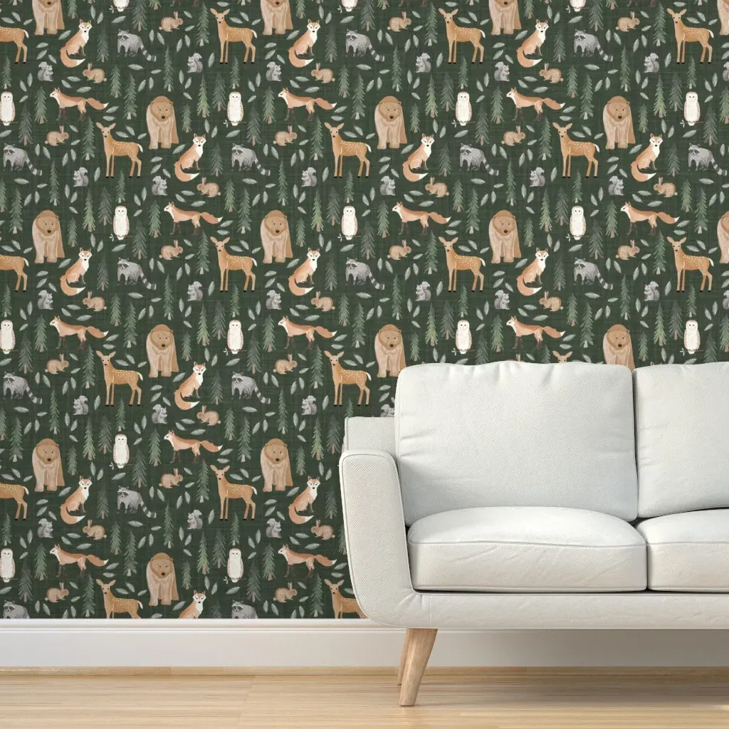 Forest Woodland Animals Peel and Stick Wallpaper - Deep Green, Linen product