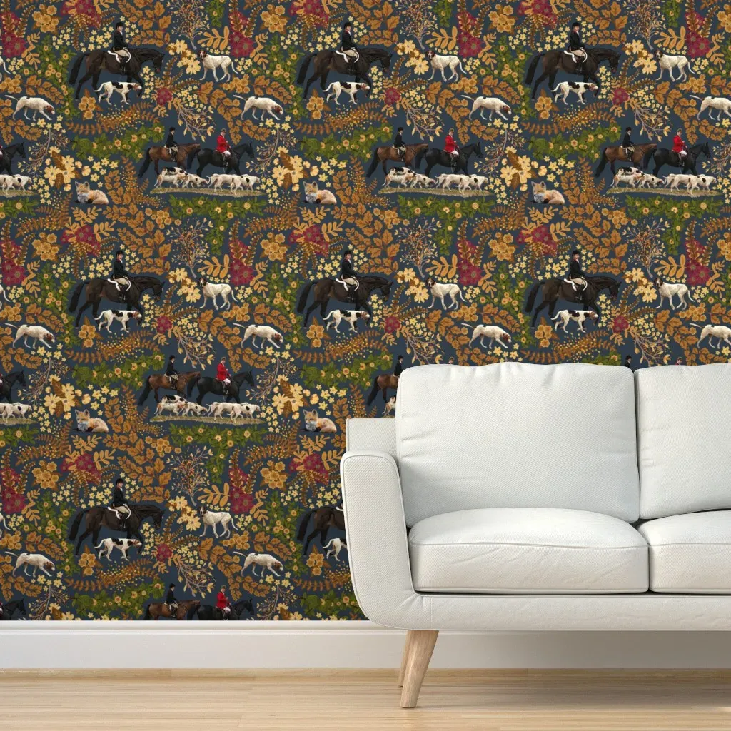 Fox Hunt In Flowers Peel and Stick Wallpaper - Dark Teal product