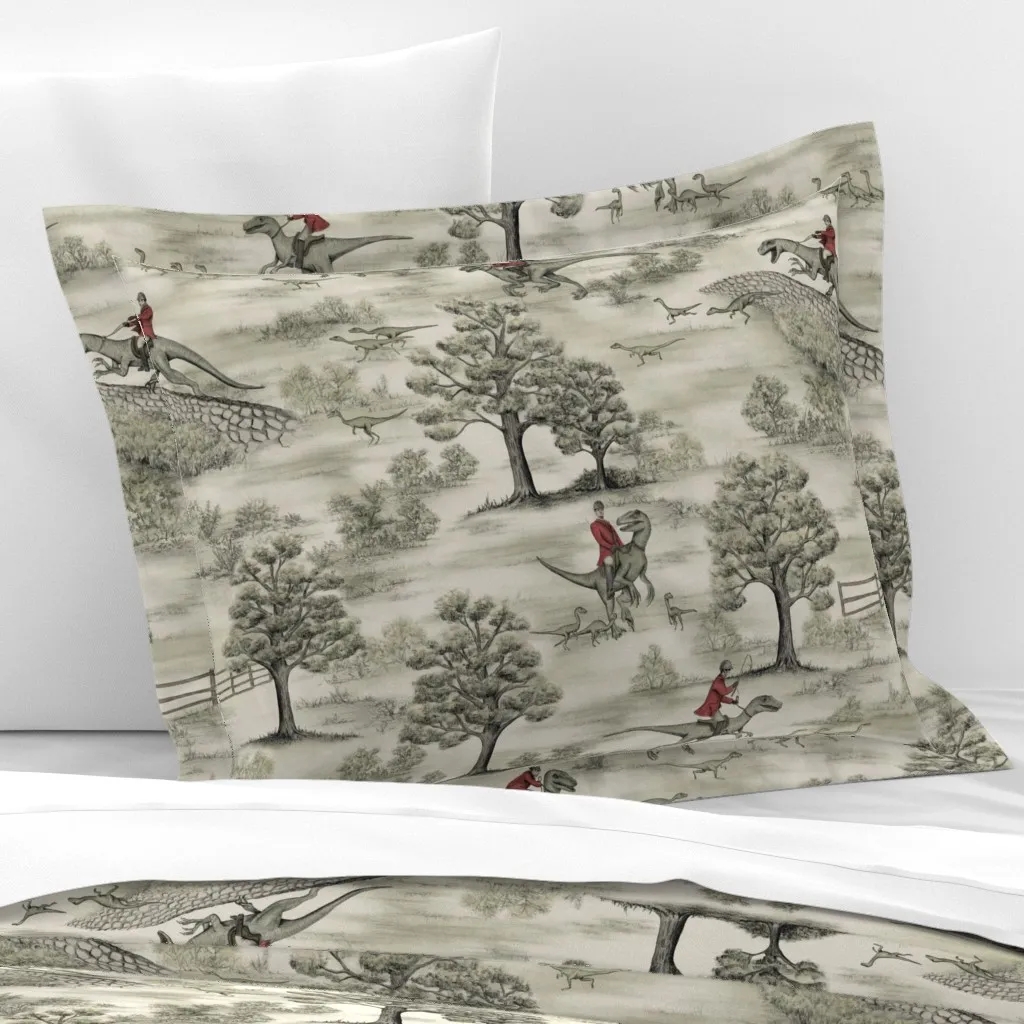 Fox Hunt With Dinosaurs Standard Flanged Cushion Cover - Beige, Cotton Sateen product
