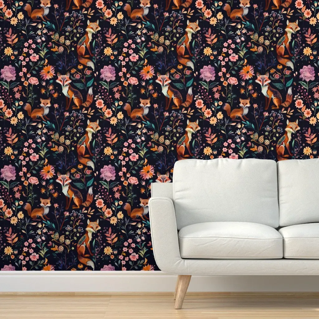 Foxes In Flower Garden by Lena Brosse Peel and Stick Wallpaper - Black, Orange product