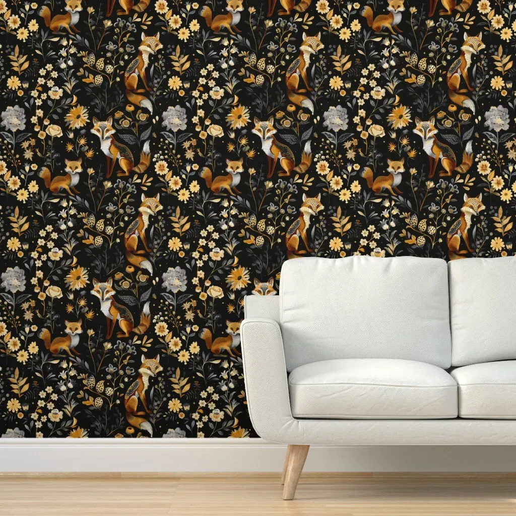 Foxes In Flower Garden by Lena Brosse Peel and Stick Wallpaper - Gold, Black product