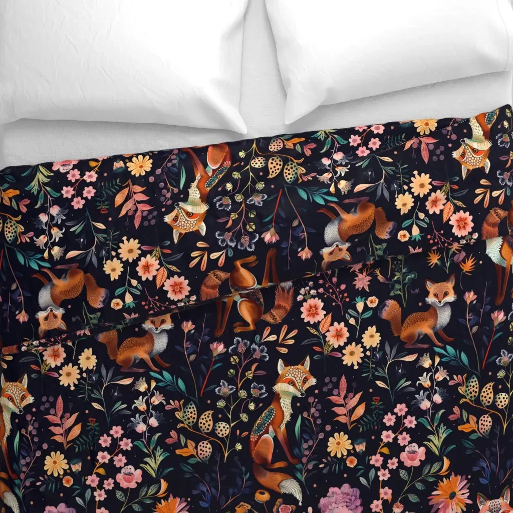 Foxes In Flower Garden By Lena Duvet Cover - Orange alternate view