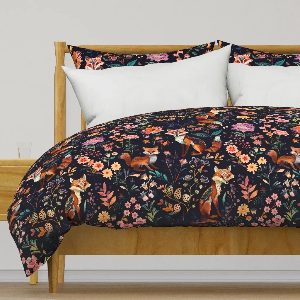 Foxes In Flower Garden By Lena Duvet Cover - Orange product