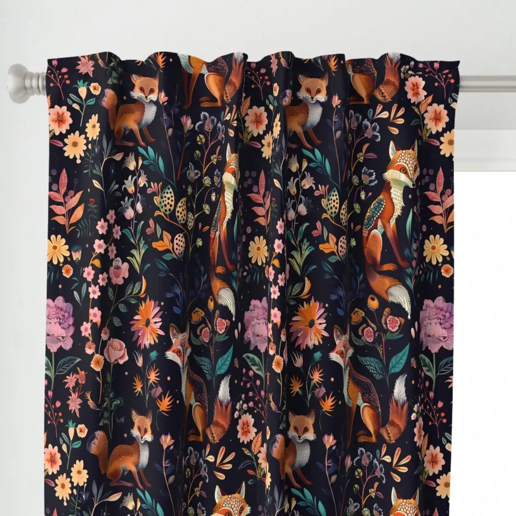 Foxes In Flower Garden Curtain Panel - Orange alternate view