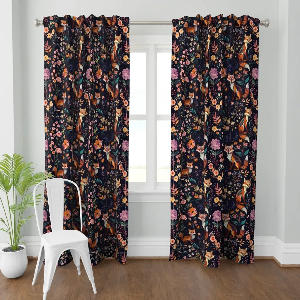 Foxes In Flower Garden Curtain Panel - Orange product