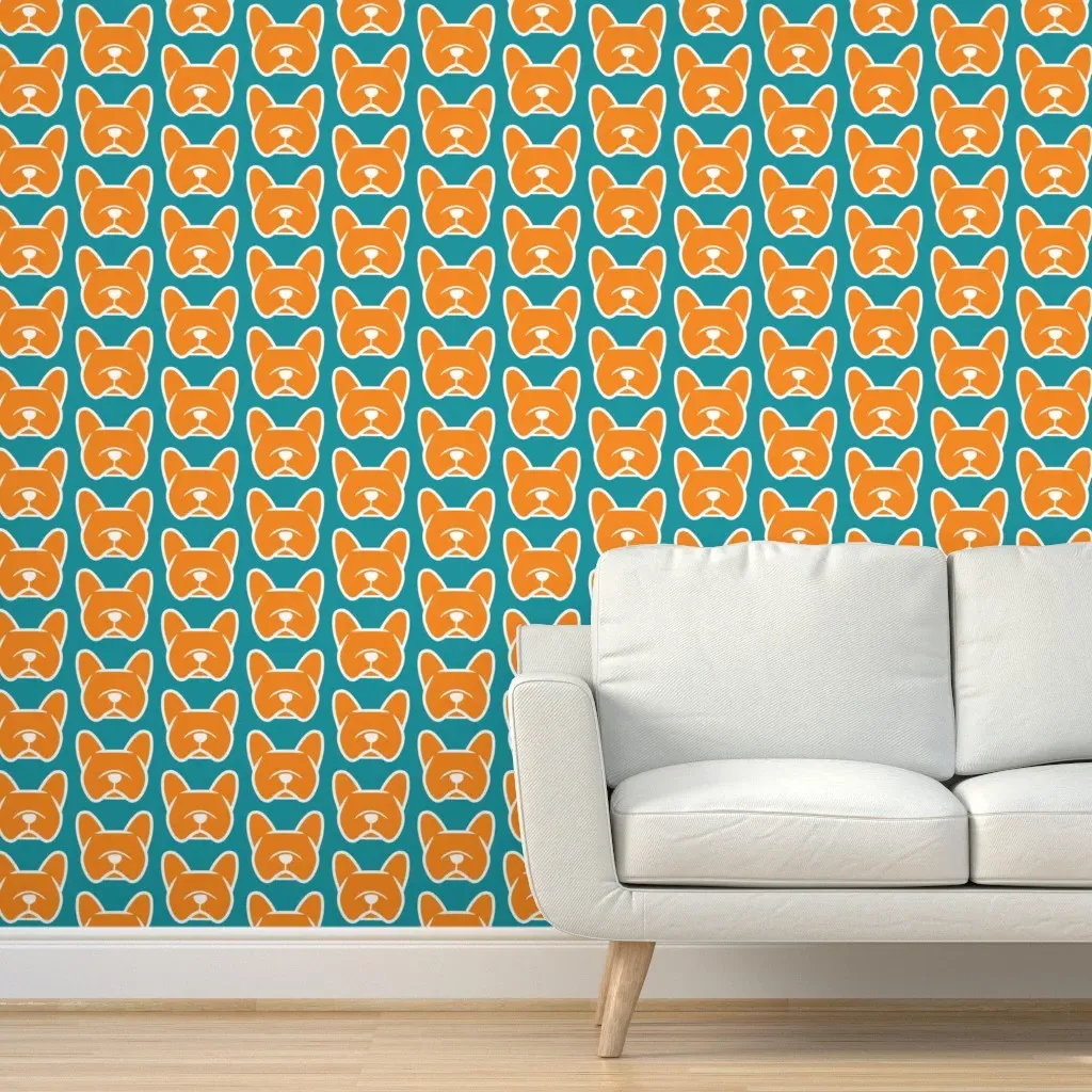 French Bulldog Faces Peel and Stick Wallpaper - Orange, Teal product