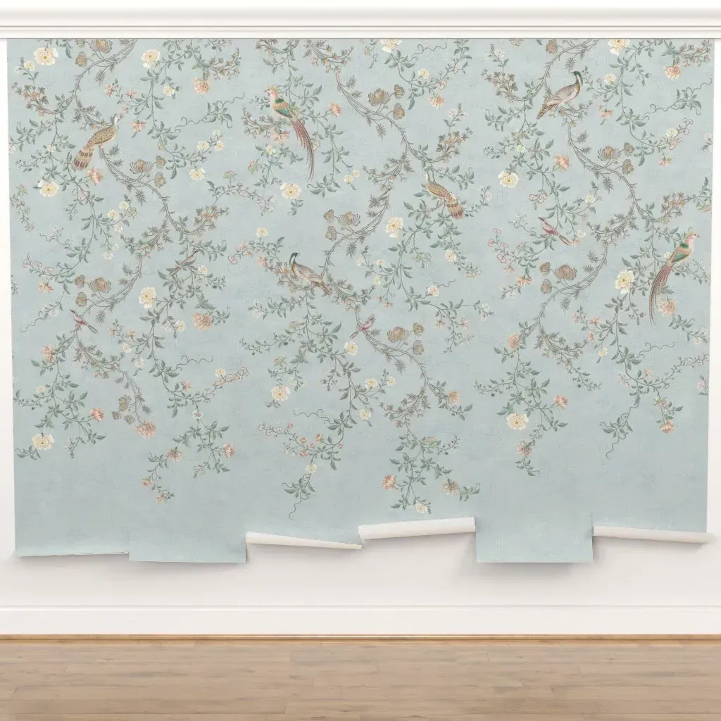 French Chinoiserie Birds and Floral Vines Peel and Stick Wall Mural - Violet, Blue product