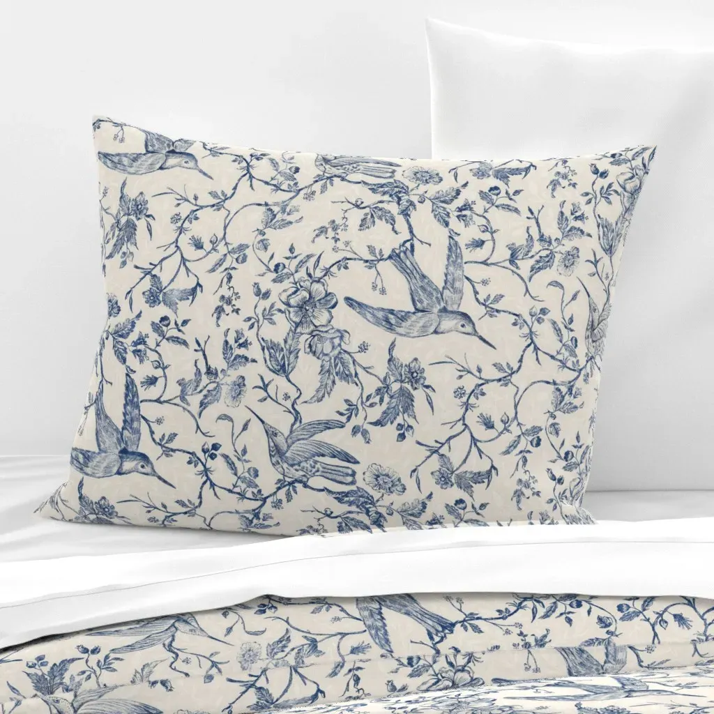 French Country Birds and Roses Standard Pillow - Blue, Cotton Sateen product