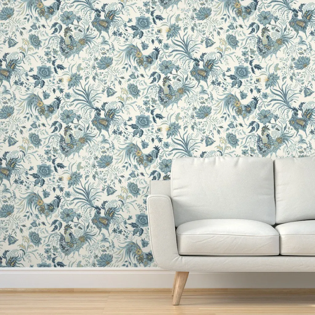 French Country Rooster Floral Peel and Stick Wallpaper - Dusty Blue product