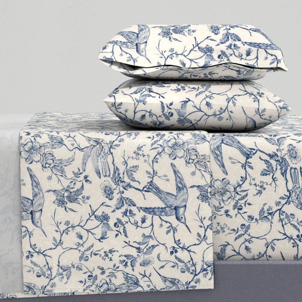 French Country Vintage Birds And Roses Queen Sheet Set - Blue product