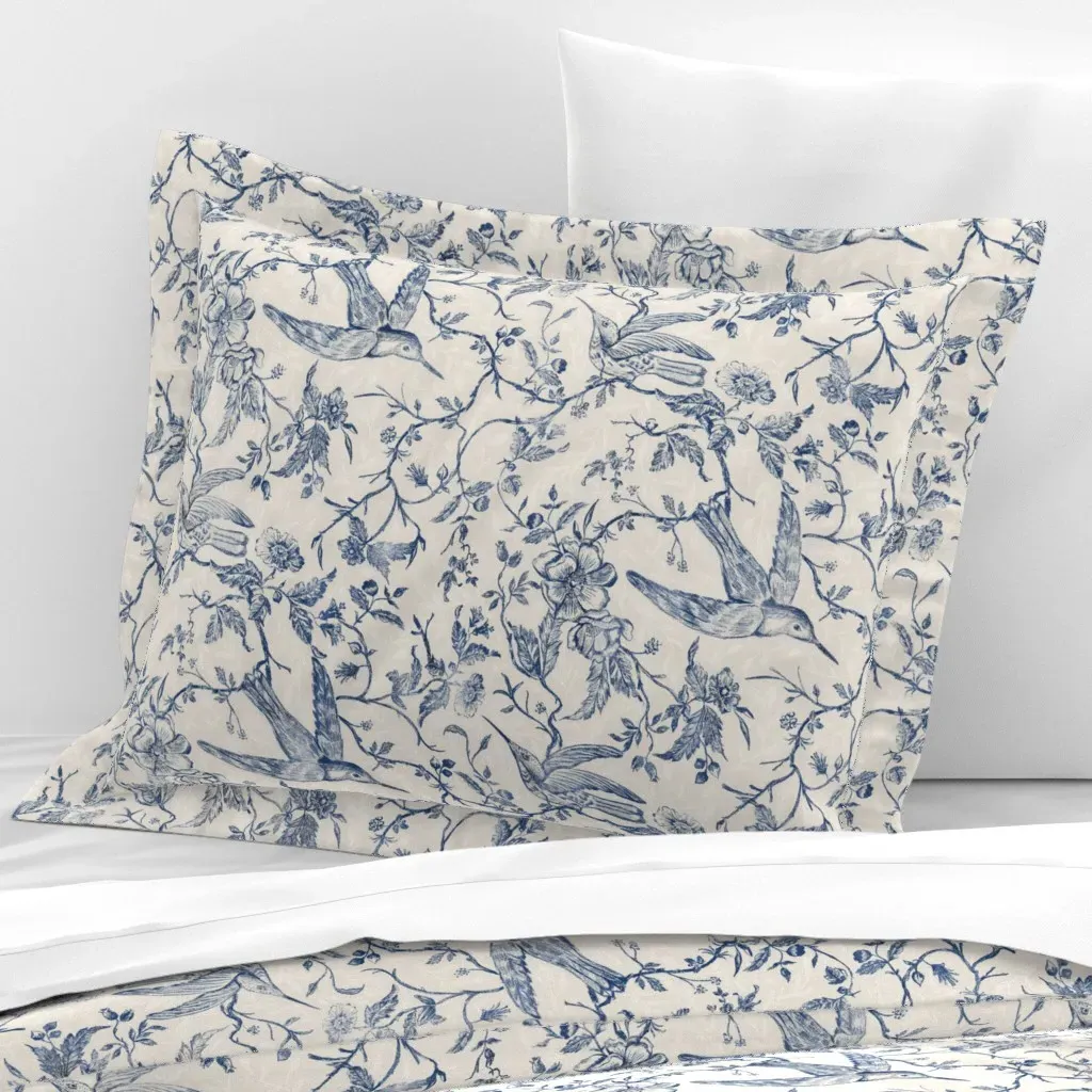 French Country Vintage Birds and Roses Standard Flanged Pillow Sham - Blue, Cotton Sateen product