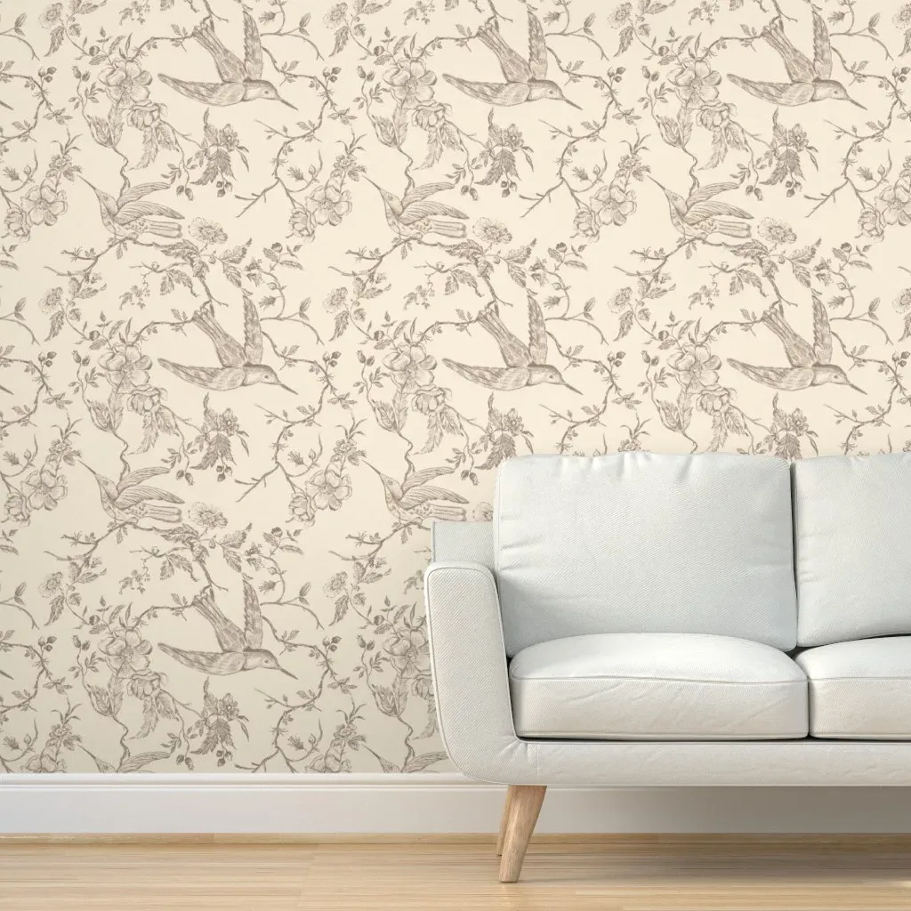 French Country Vintage Birds & Roses Peel and Stick Wallpaper - Beige product