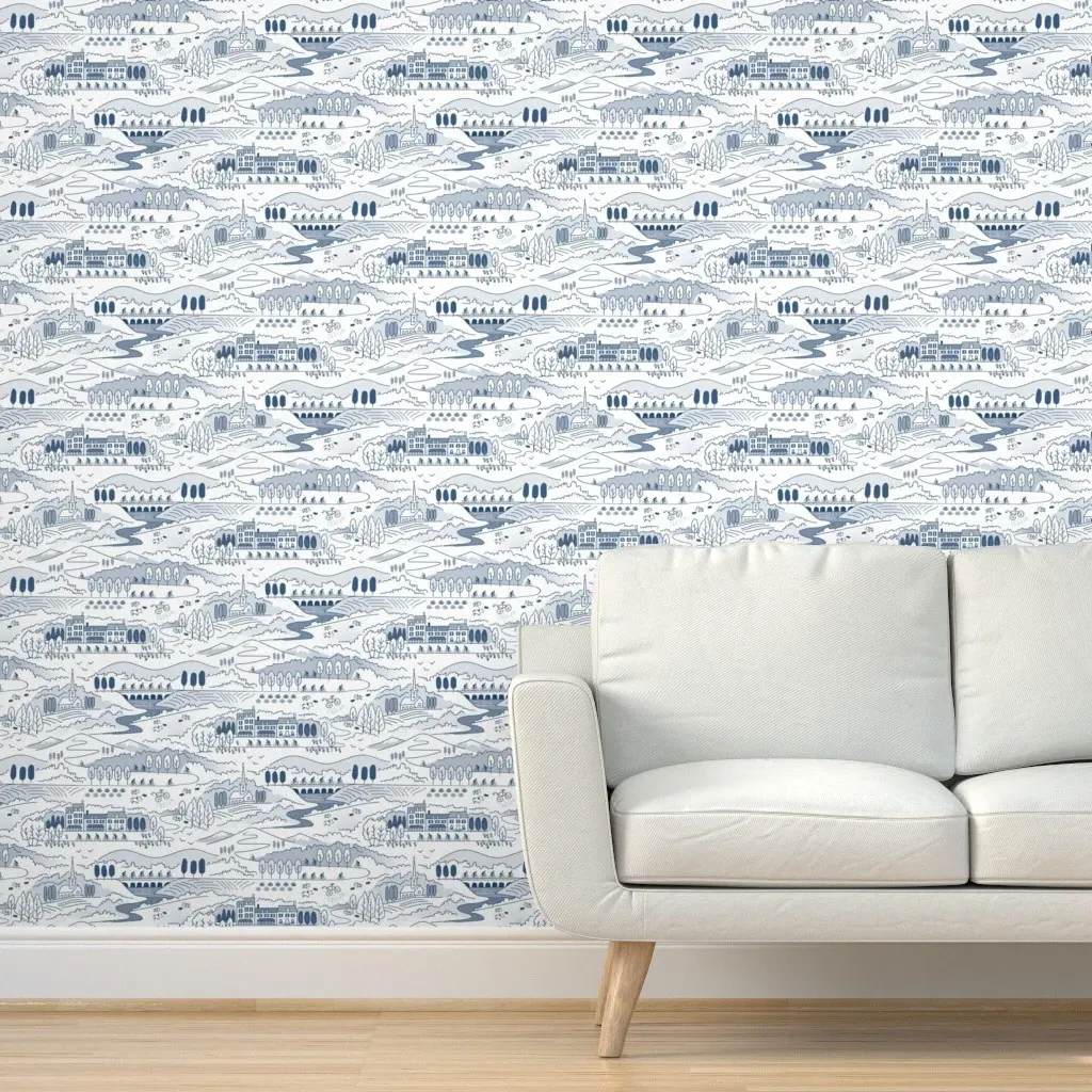 French Countryside Bicycle Toile Peel and Stick Wallpaper - Light Blue product