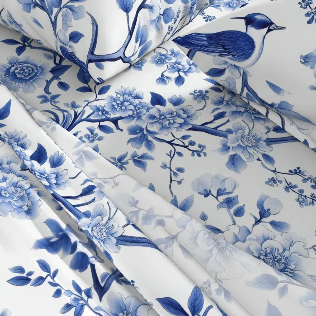 French Floral Chinoiserie King Sheet Set - Blue, White alternate view