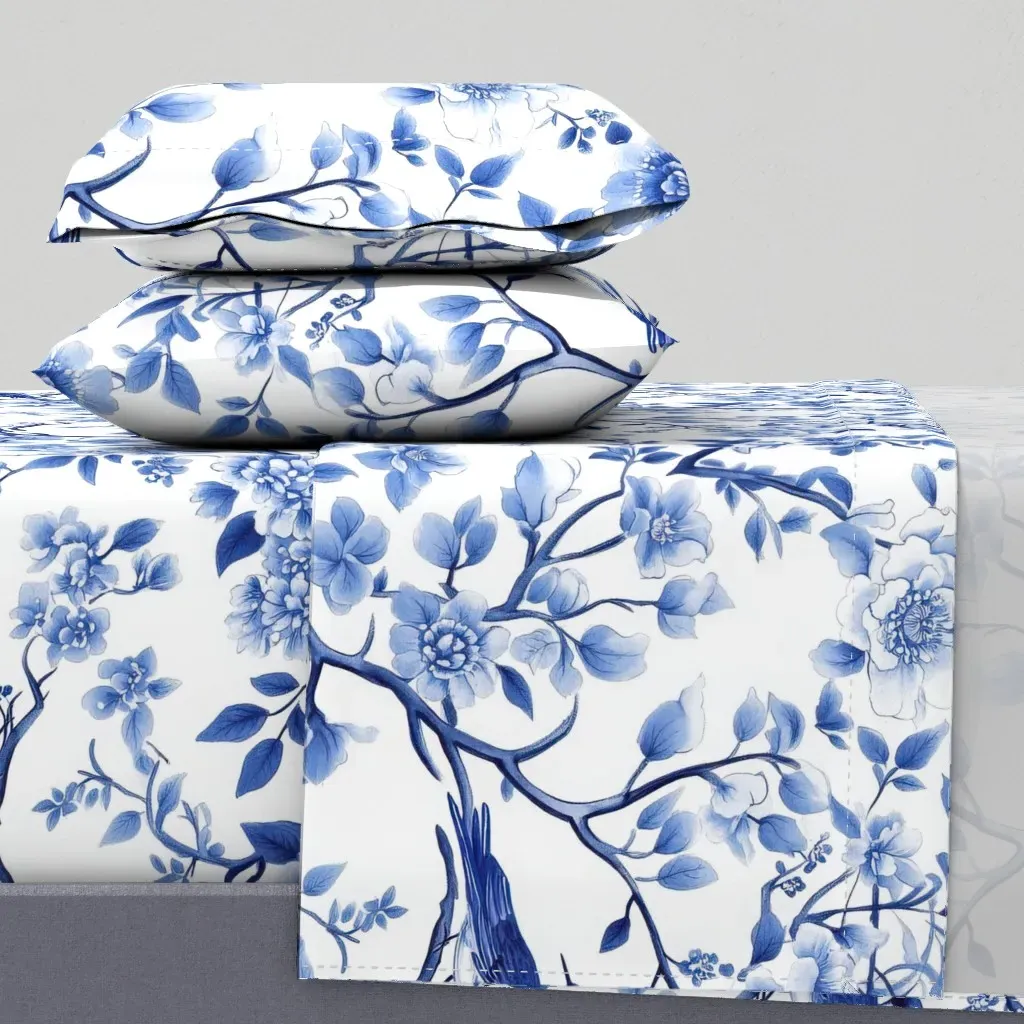 French Floral Chinoiserie King Sheet Set - Blue, White product