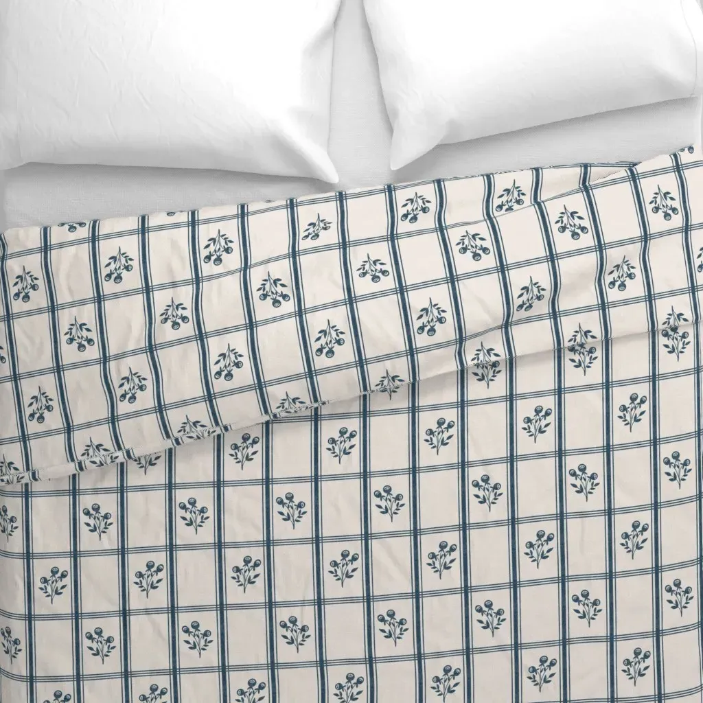 French Kitchen Plaid Floral Duvet Cover - Navy Blue alternate view