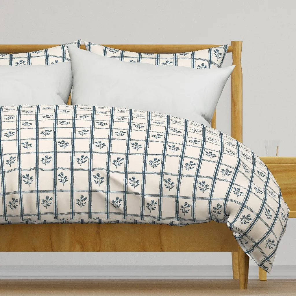 French Kitchen Plaid Floral Duvet Cover - Navy Blue product