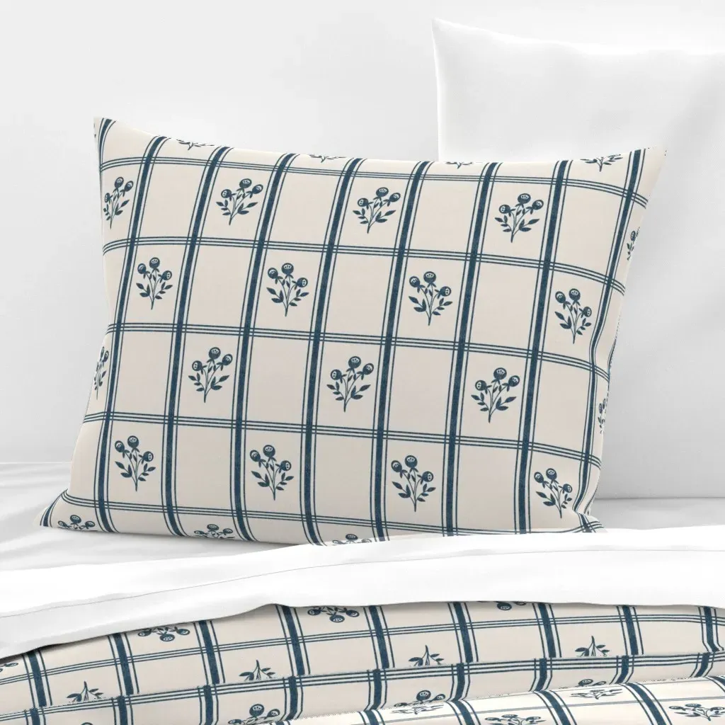 French Kitchen Plaid Floral Standard Knife Edge Cushion - Navy Blue, Cotton Sateen product