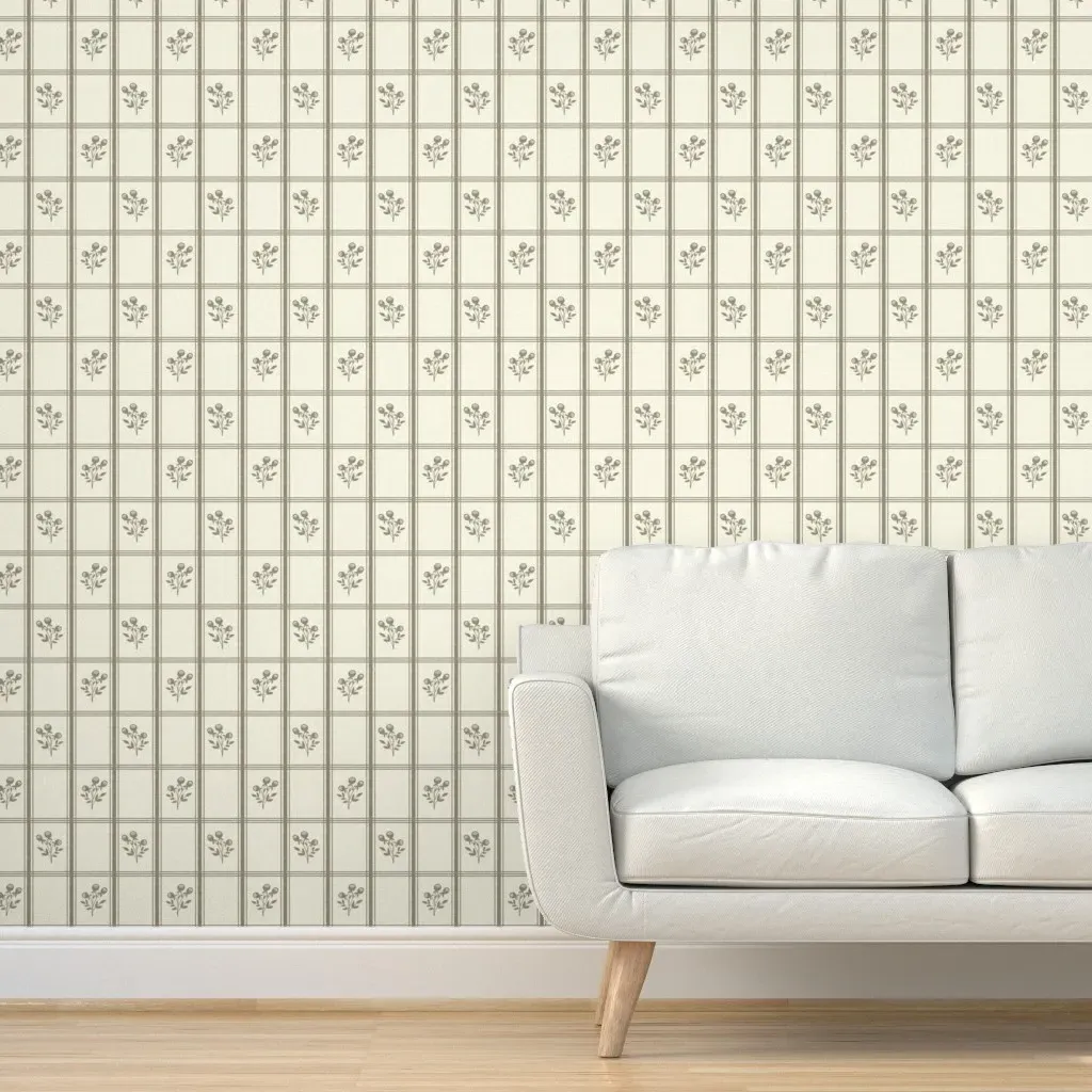 French Kitchen Plaid Floral Wheat Peel and Stick Wallpaper - Beige, Linen product