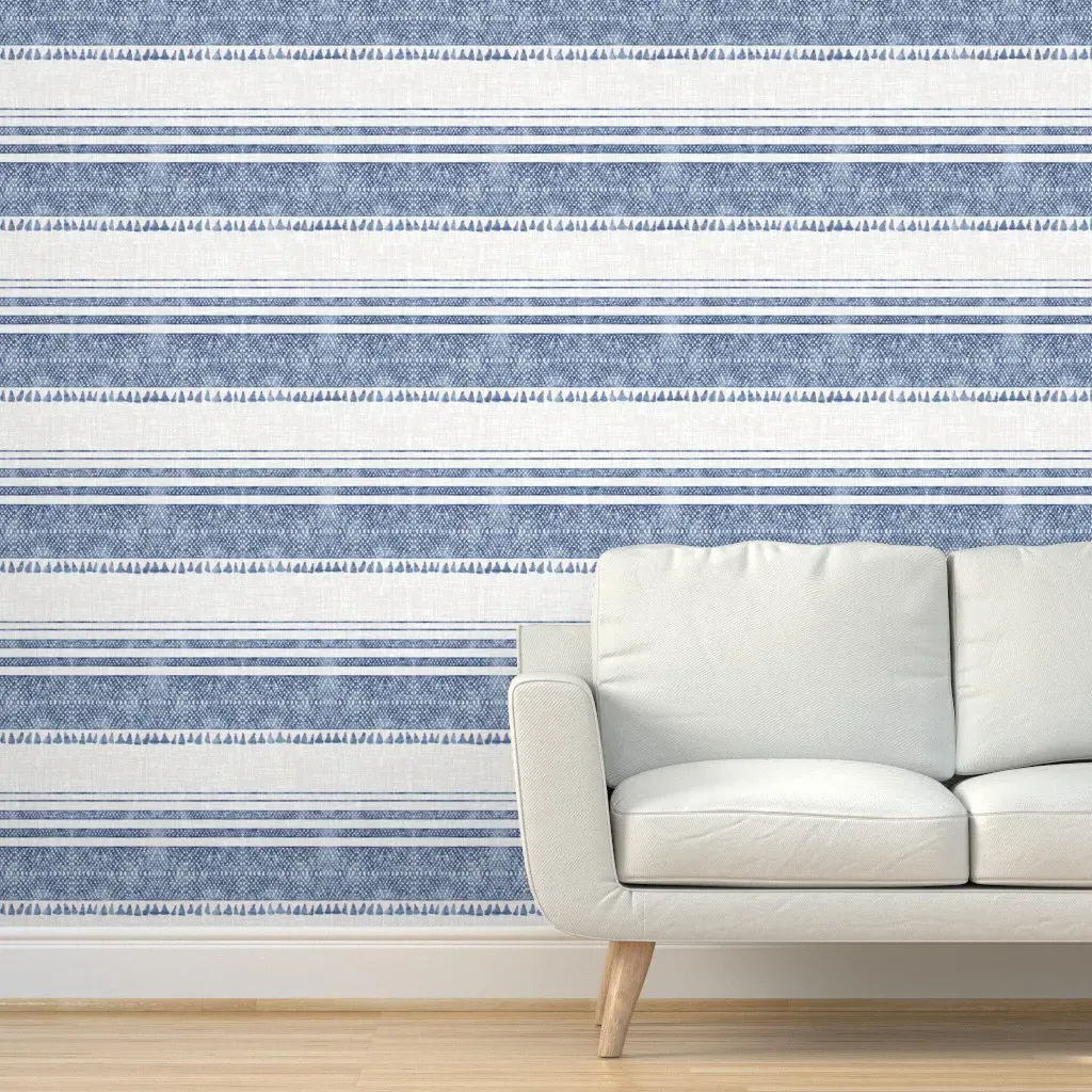 French Linen Chambray Tassel Peel and Stick Wallpaper - Blue, White product