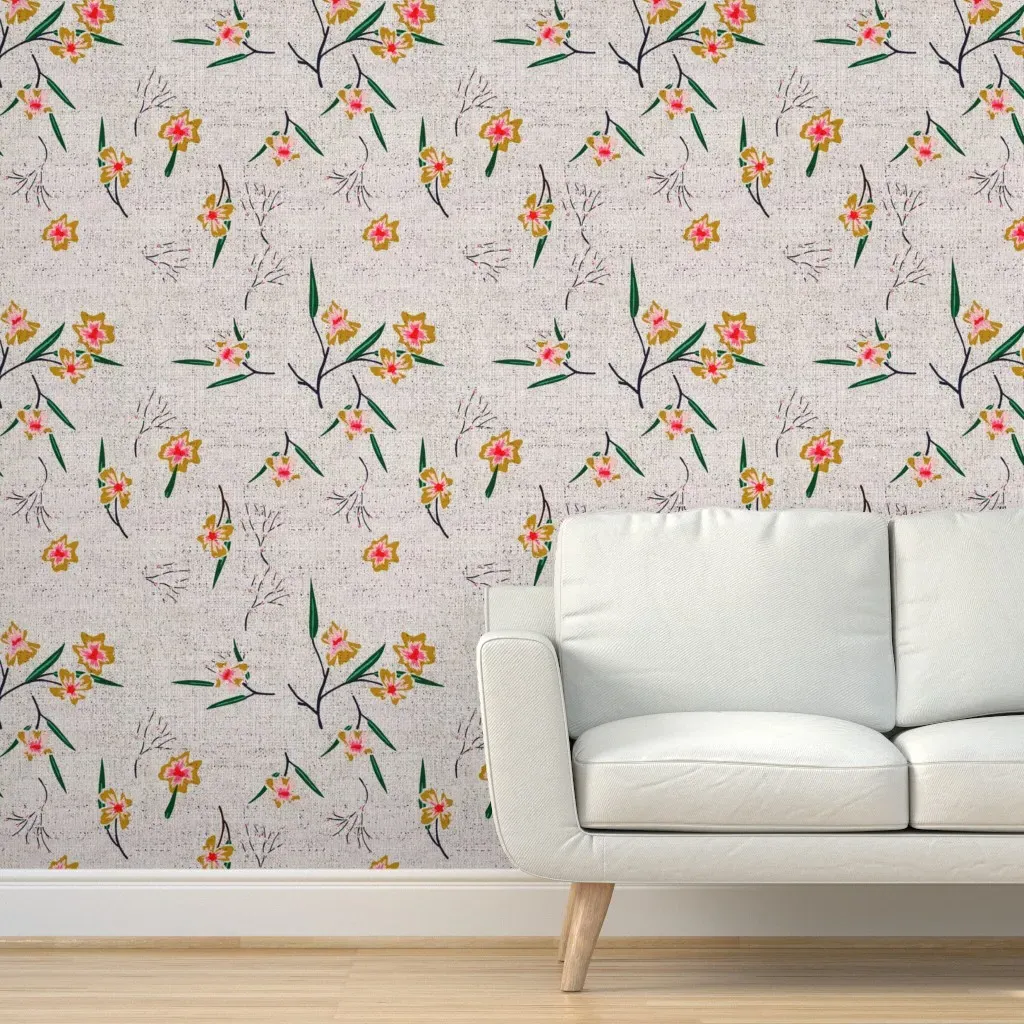 French Linen Dianthus Peel and Stick Wallpaper - Yellow, Orange, Gray product